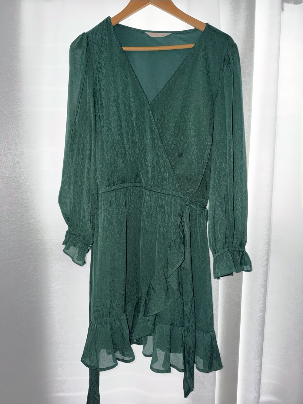 LC Lauren Conrad Deep Green Wrap Dress with Ruffle Trim